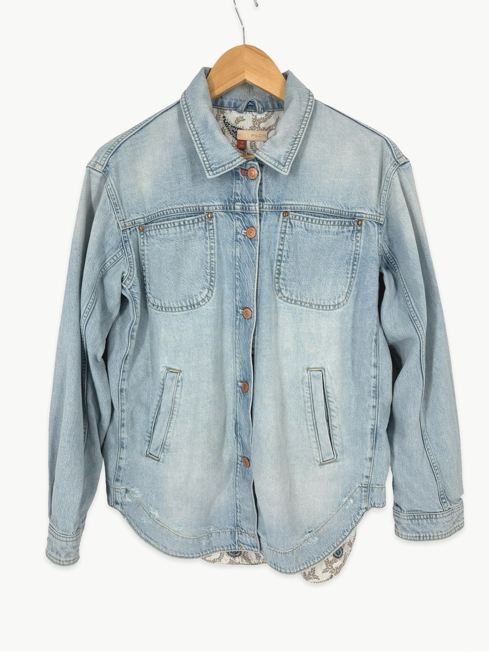 PILCRO Anthropologie Drapey Denim Shirt Jacket Size Small Light Denim Paisley